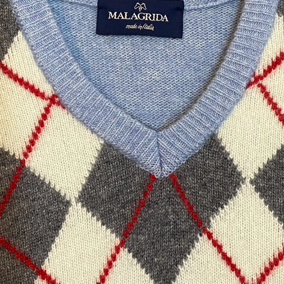 Vintage Malagrida Mens Pullover Sweater Lana Wool Blue Plaid Print Grandpa Style - Picture 5 of 10